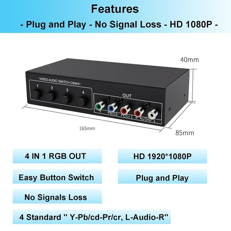 LUKFOCAB Component AV Video Switch Box 4 in 1 Out 1080P, 4-Way 5 RCA YPbPr Composite L/R Audio AV Splitter RGB Selector Switcher Converter for Xbox 360 Wii PS3 PS2 PS1 SNES DVD/VCD/STB/TV/HDTV, Plug & Play - Image 5